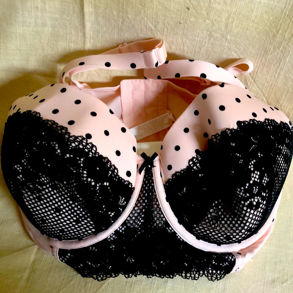 Lane Bryant Cacique pink and black polka dot with black lace size 38DD